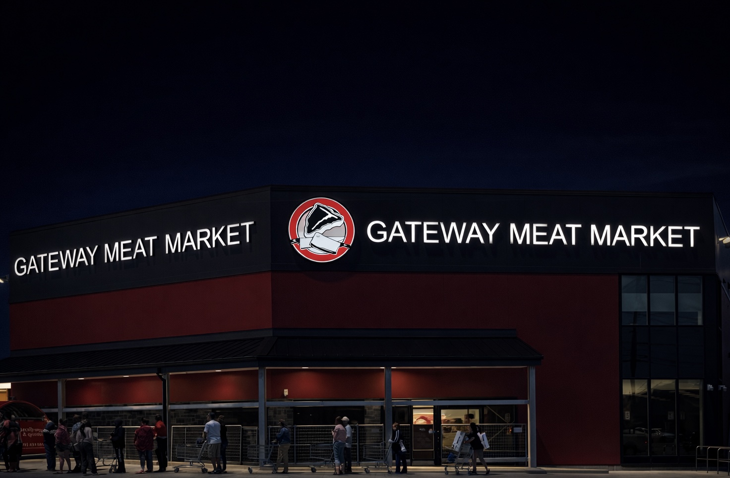 Gateway Meat Market — large-format illuminated channel letters on corner building fascia